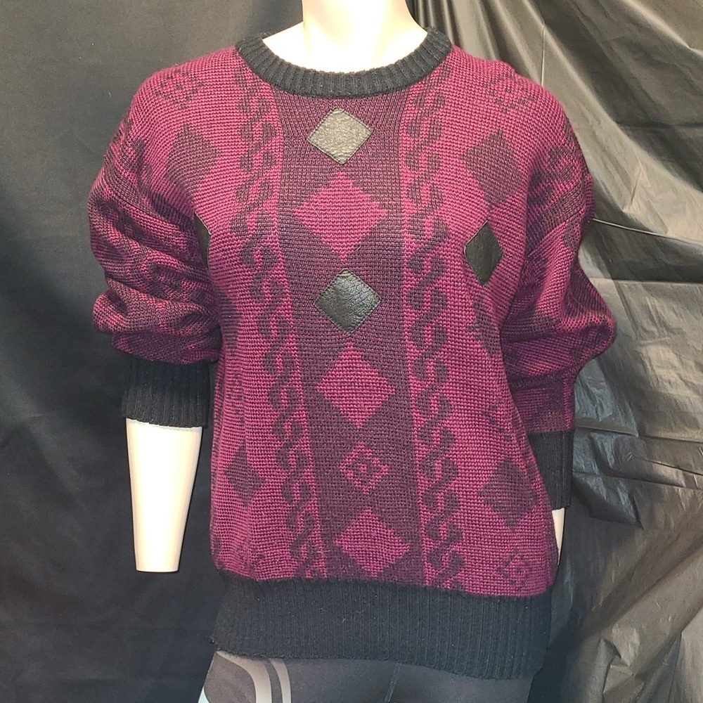Vintage NORDIC Geometric Patterned Sweater - Black and Purple  Leather Accents
